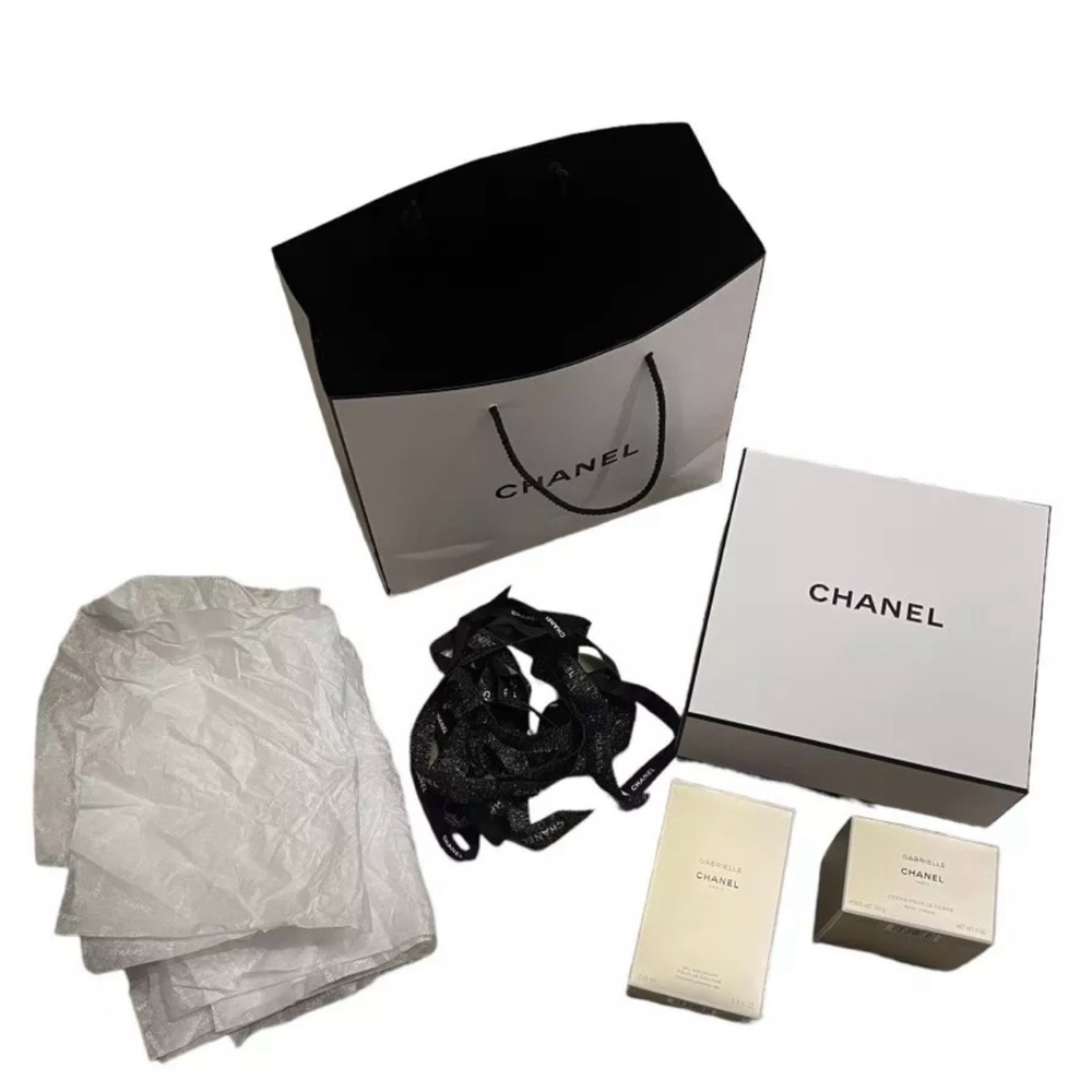 Used Chanel Retail Product Tissue Paper, Empty Bag, 3 Empty Boxes, 3 Ribbons Set